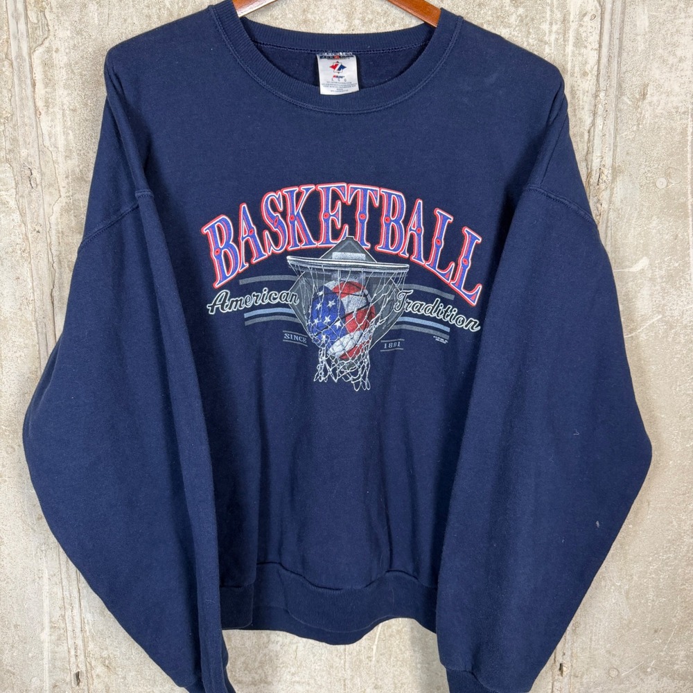 Vintage‎ 90's Jerzees Basketball American Tradition Navy Crewneck Sweatshirt L
